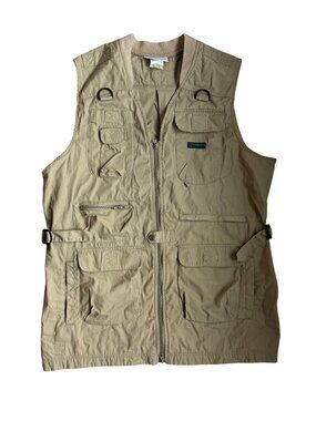 Vtg Columbia Unisex Size XL Long Fishing Vest Tan Beige Multiple Compartments
